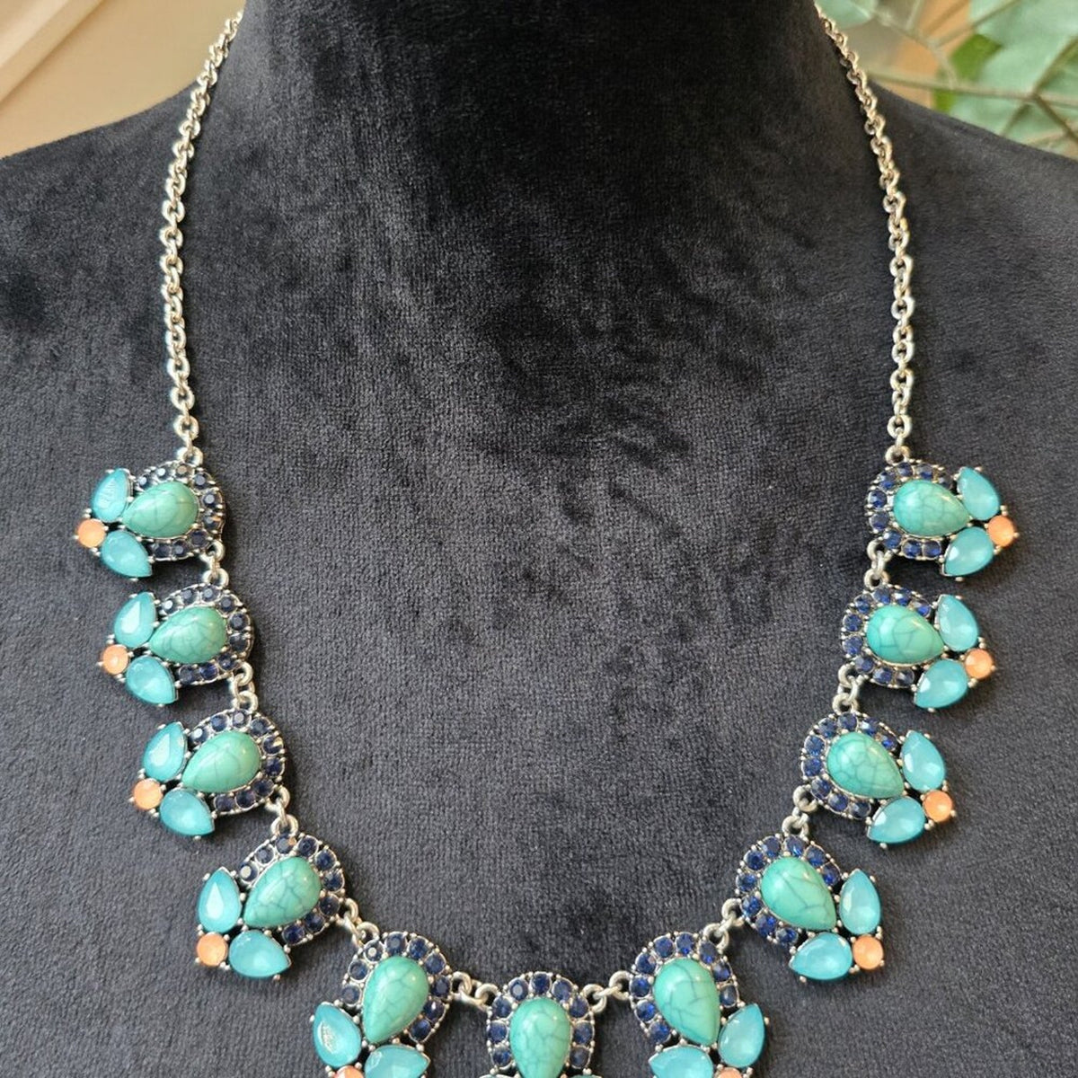 Womens Silver Tone Green Blue Teardrop Aqua Gem Rhinestone Necklace with Lobster