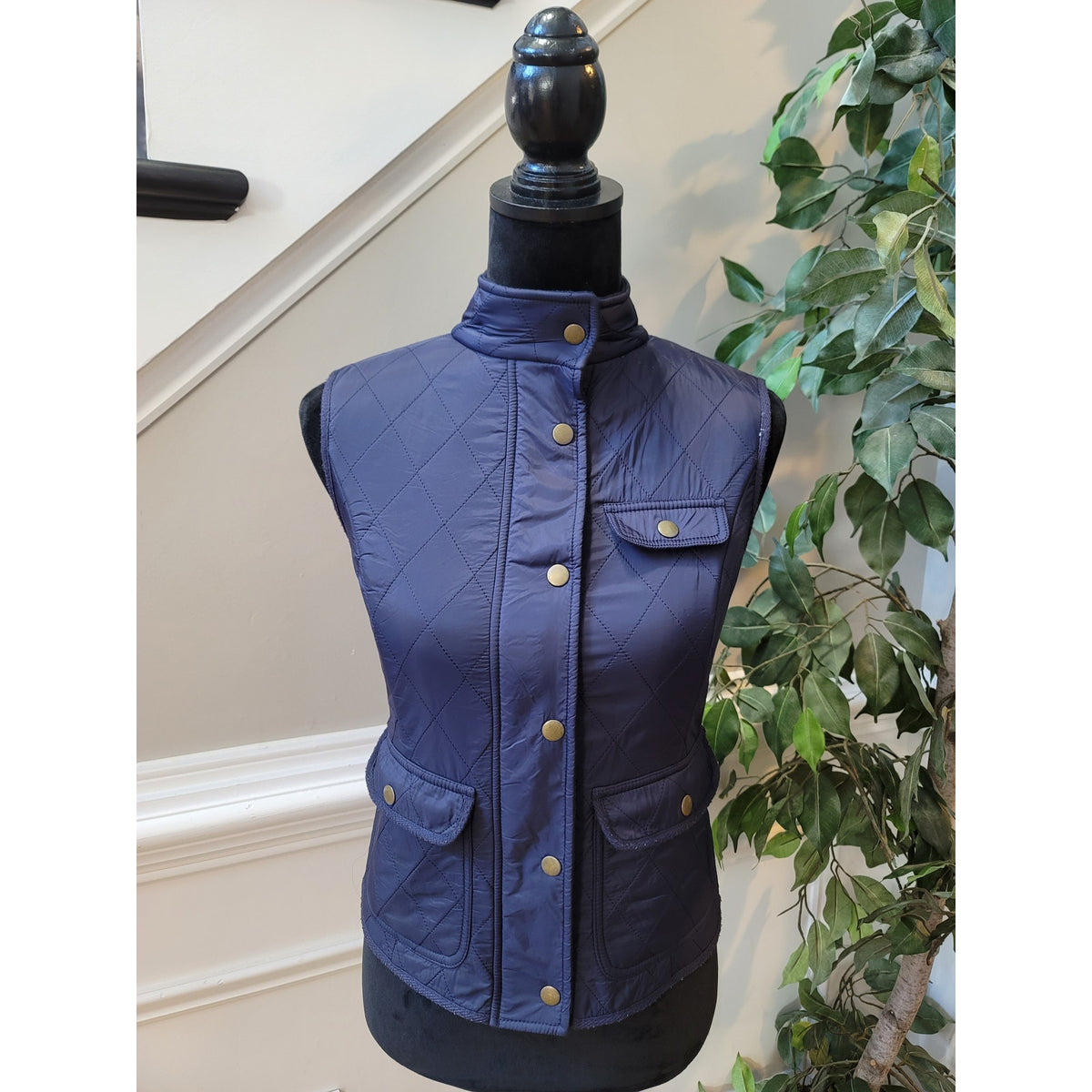 Talbots Gilet Vest Women's SZ XS Navy Blue Quilted Fleece Lined Utility Pockets