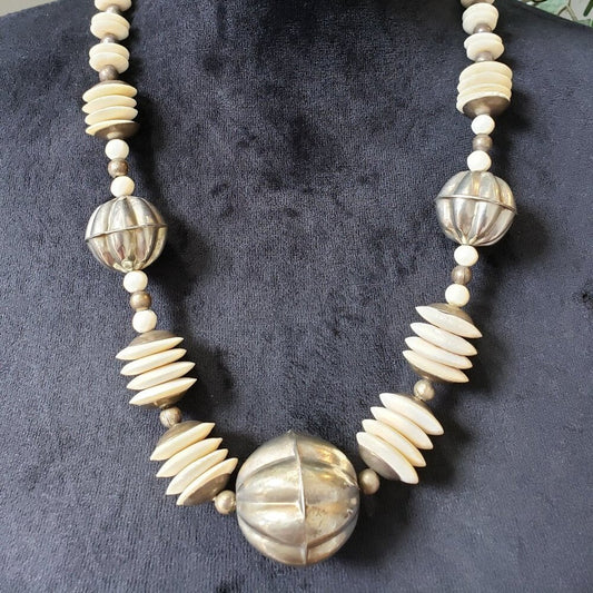 Womens Gold Tone Beige Bone Beaded Globe Pendant Necklace with Mystery Clasp