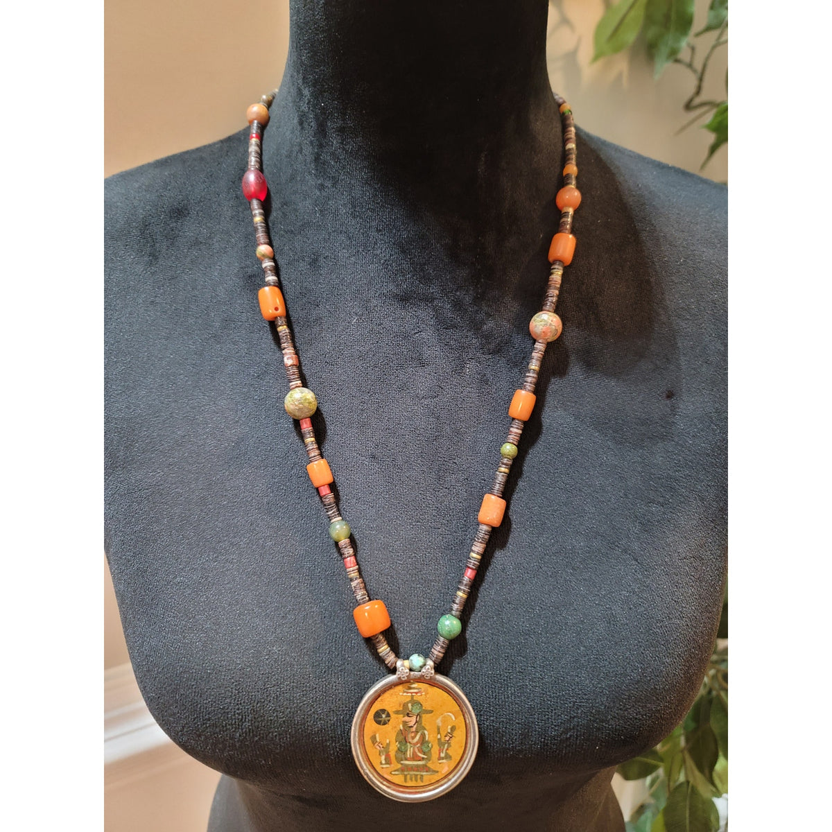 Women's Vintage Indian Boho Beaded Pendant Necklace With Hand Painted Art