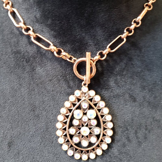 Chilly Bird Women Copper Tone Faceted Rhinestone Pendant Necklace Toggle Clasp