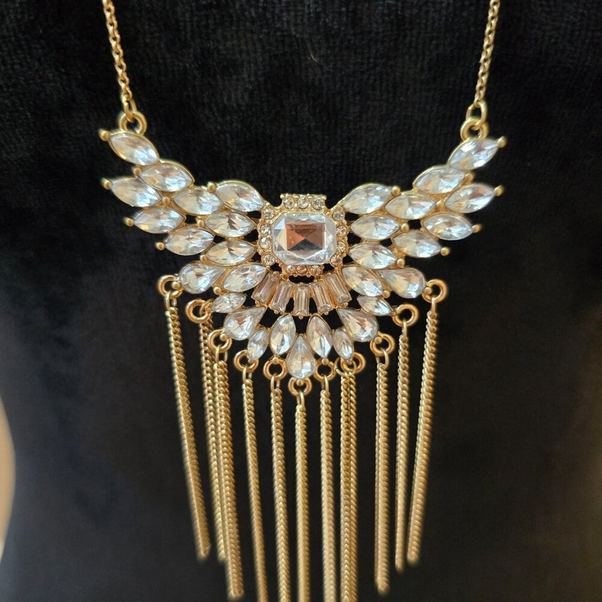 Womens Clear Rhinestone Tassel Pendant Gold Tone Chain Necklace w/ Lobster Clasp