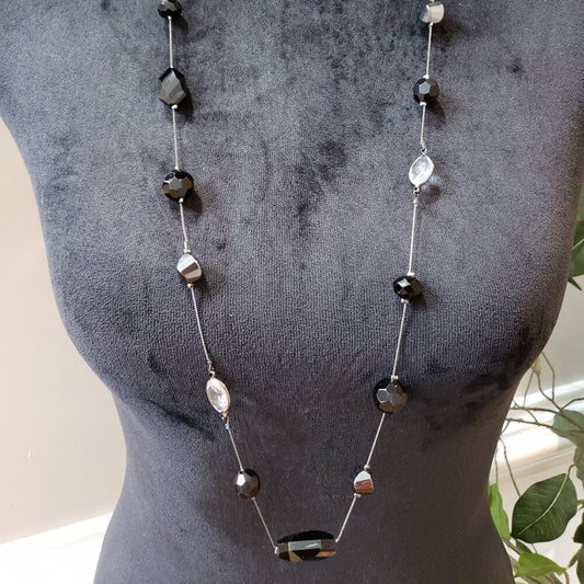 Womens Fashion black 7 Crystal Clear Faceted Station Necklace with Lobster Clasp