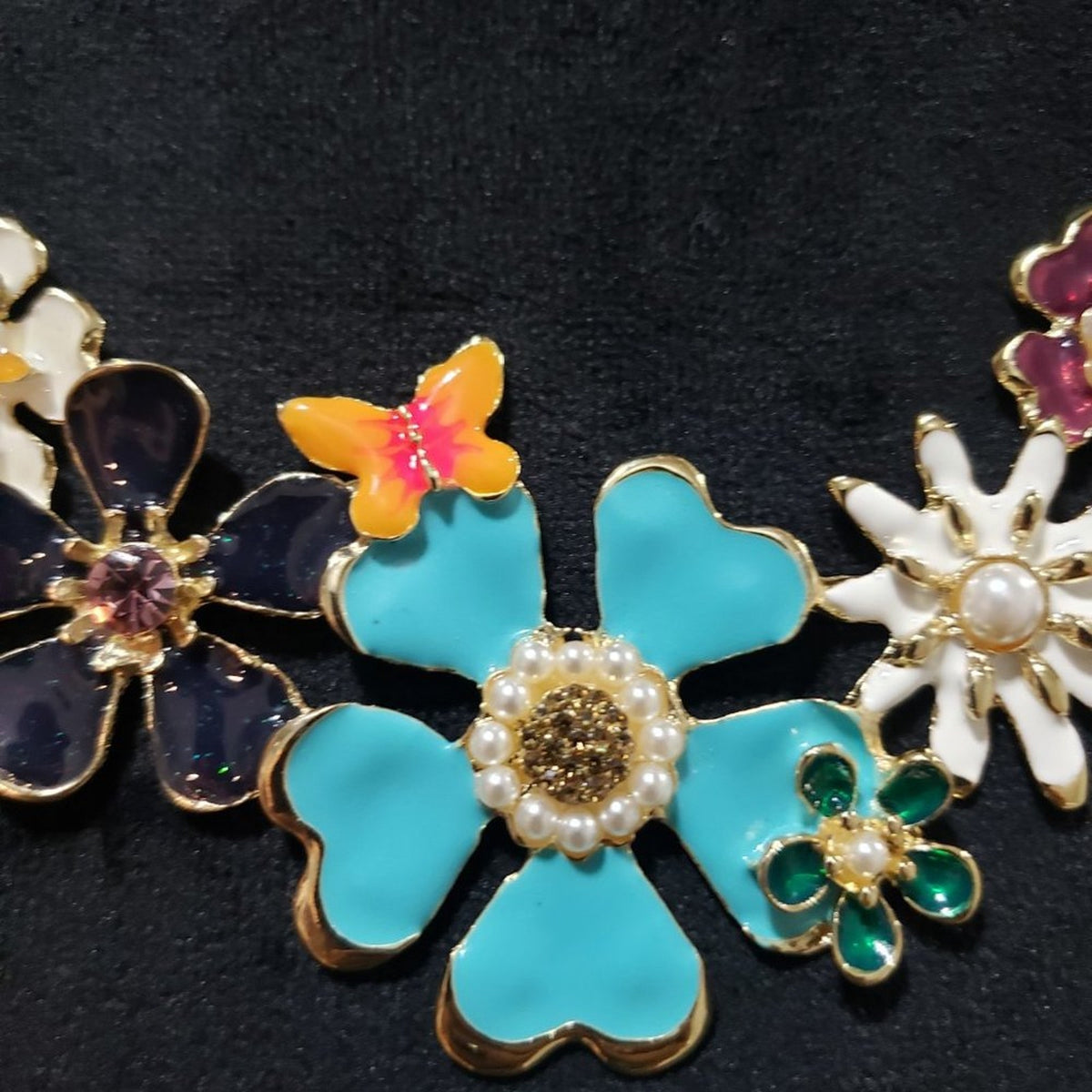 Alilang Golden Tone Enamel Flower and Butterfly Bib Statement Necklace Rhineston