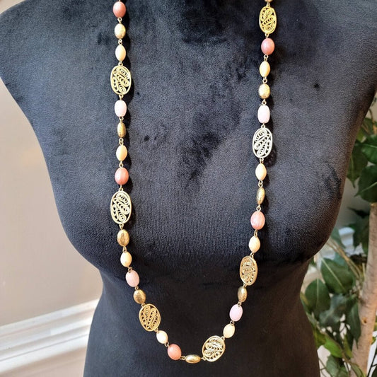 Womens Fashion Pink and Gold Pearl Beaded Necklace Jewelry with Lobster Clasp