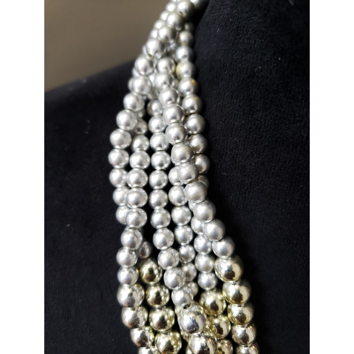 Women's Silver Multi-Strand Beaded Necklace Statement Lobster Clasp Layered