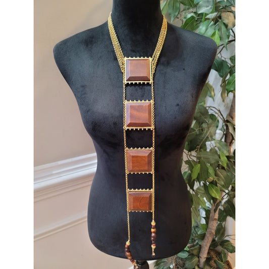 Women's Gold Chain Necklace with Wooden Square Pendants and Beaded Detail