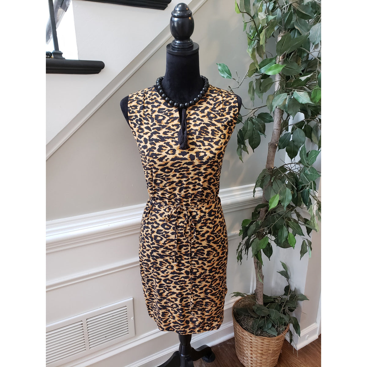 Beachlunchlounge Dress Women Medium Brown Black Leopard Print Sleeveless Tie