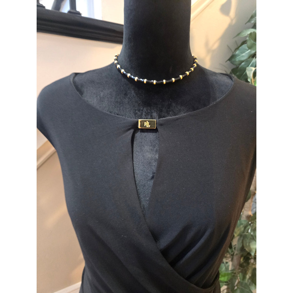 Lauren Ralph Lauren Cocktail Dress Women SZ 14 Black Faux Wrap Boat Neck Keyhole