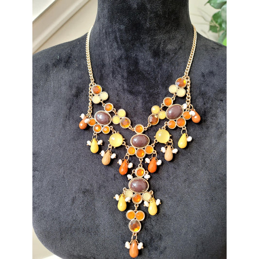 Womens Statement Bib Necklace Orange Yellow Brown Beaded Gold Tone Jewelry
