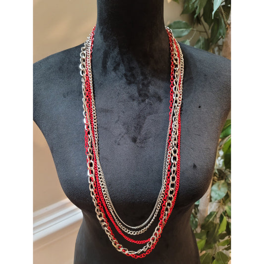 Women's Red And Silver Layered Chain Necklace With Lobster Clasp Closure