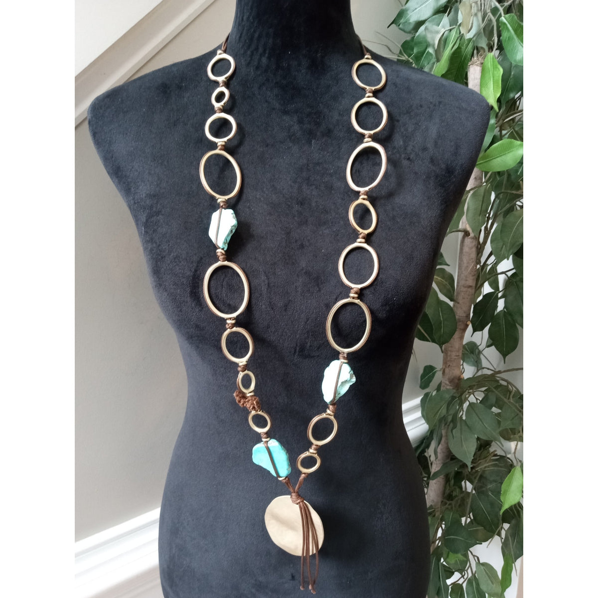 Chico's Turquoise Shell Pendant Ring Link Statement Necklace Boho Long Necklace