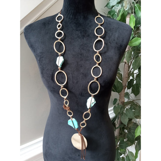 Chico's Turquoise Shell Pendant Ring Link Statement Necklace Boho Long Necklace