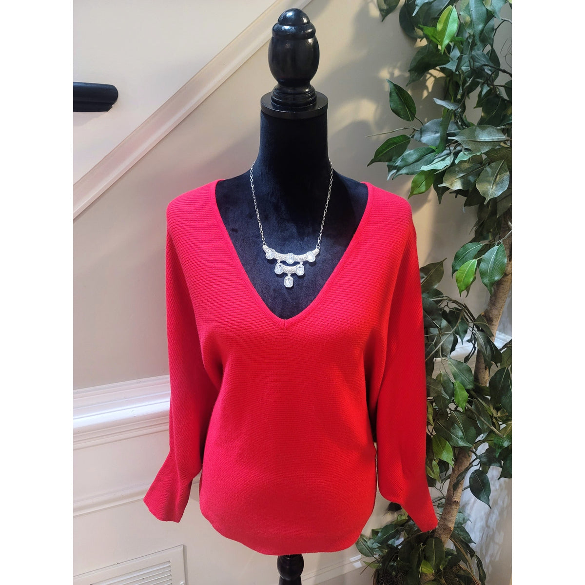 Kerisma Gwyneth Sweater Women SZ S/M Red Ribbed Deep V-Neck Batwing Sleeve