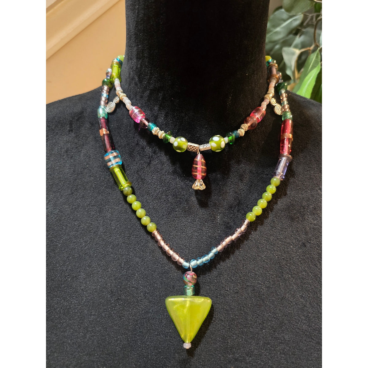 Women Colorful Glass Beaded Necklace Double Strand Green Pendant Handmade Boho