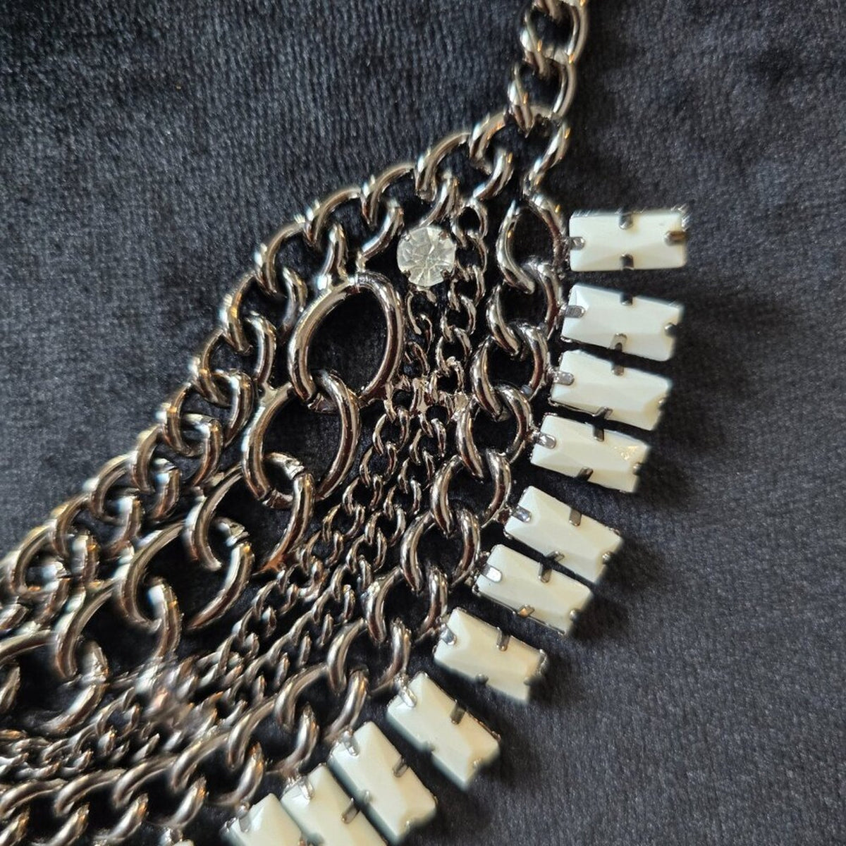 Womens White Chiclet Drops Bead Silver Tone Statement Bib Necklace Lobster Clasp