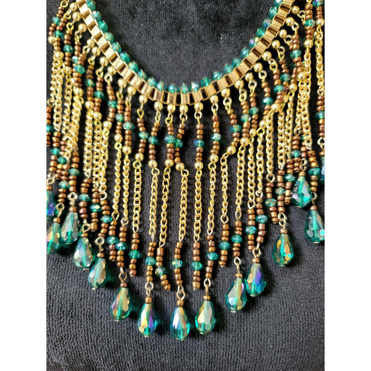Turquoise Beaded Fringe Statement Necklace Gold Tone Boho