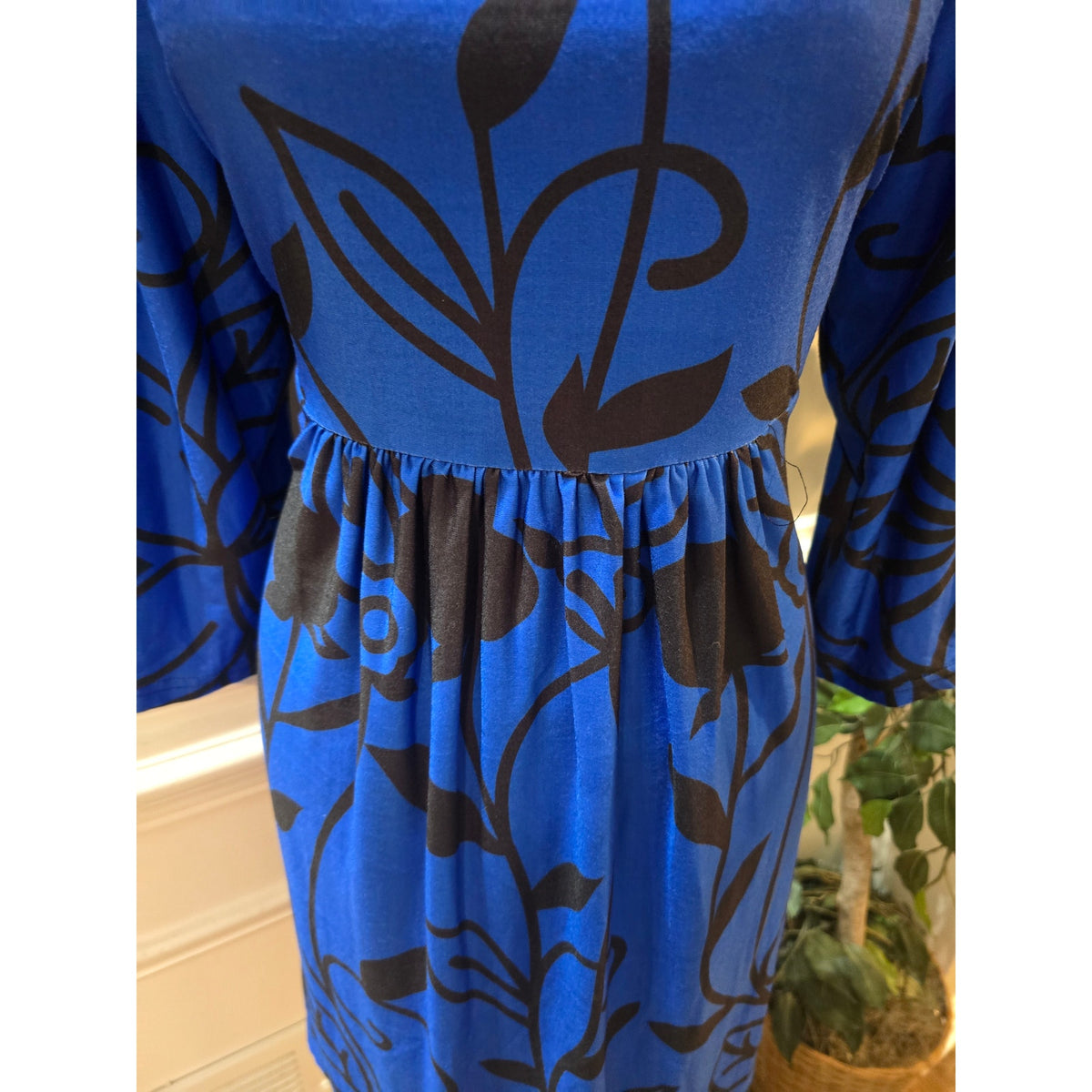R&B Collection Midi Dress Women's 1X Blue Floral Casual Loose Fit Long Sleeves