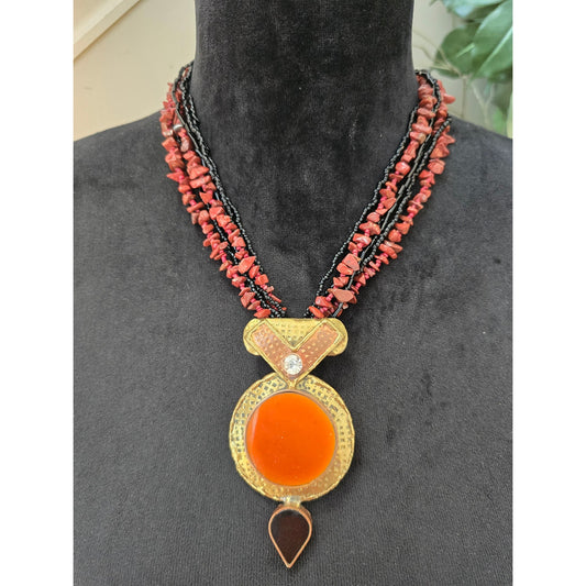 Orange Black Multi Strand Beaded Pendant Statement Necklace