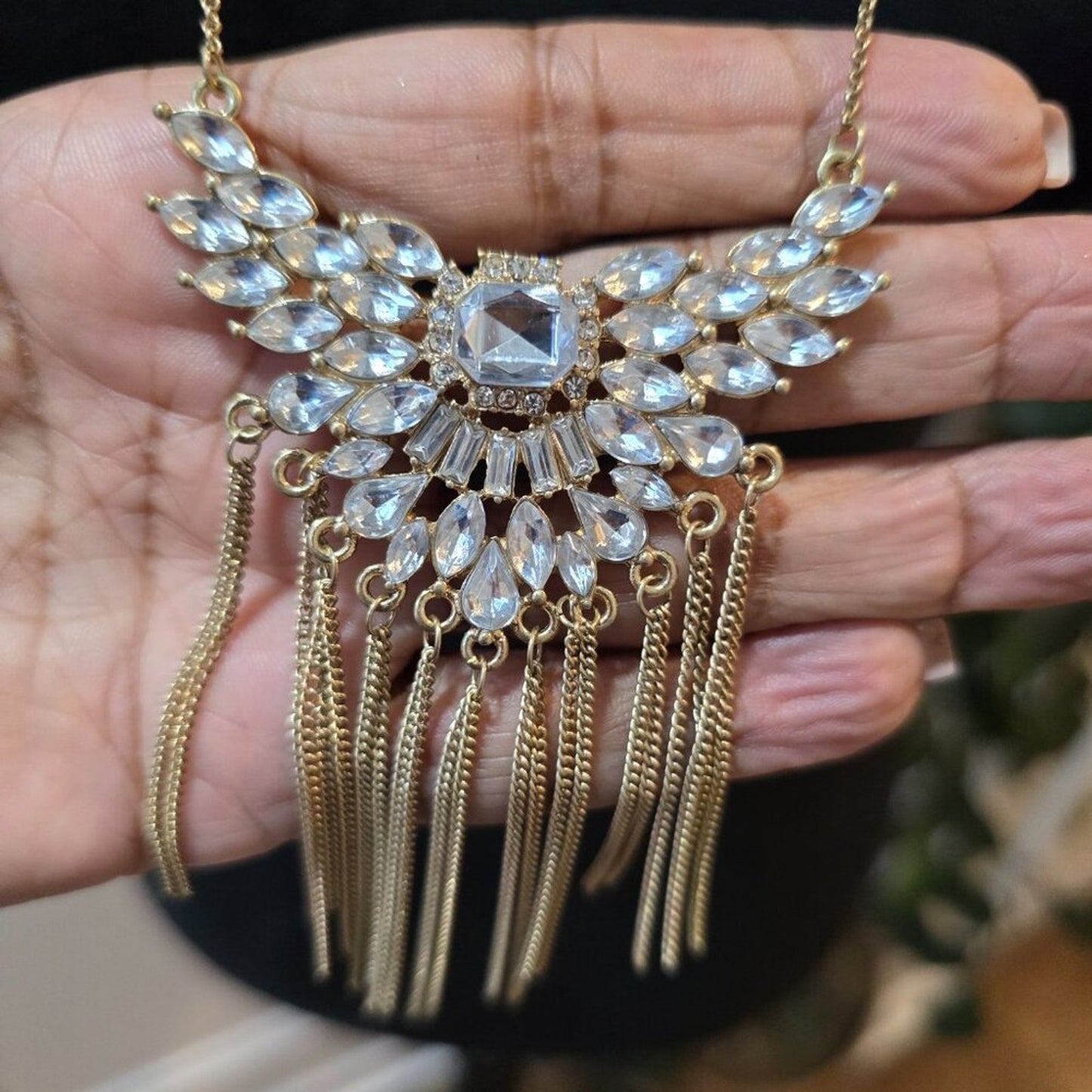 Womens Clear Rhinestone Tassel Pendant Gold Tone Chain Necklace w/ Lobster Clasp