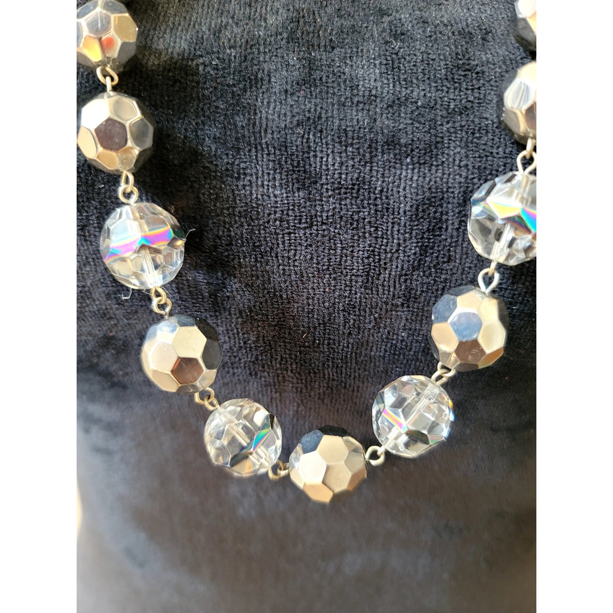 Aurora Borealis Crystal Beaded Necklace Faceted Glass Silver Tone Statement