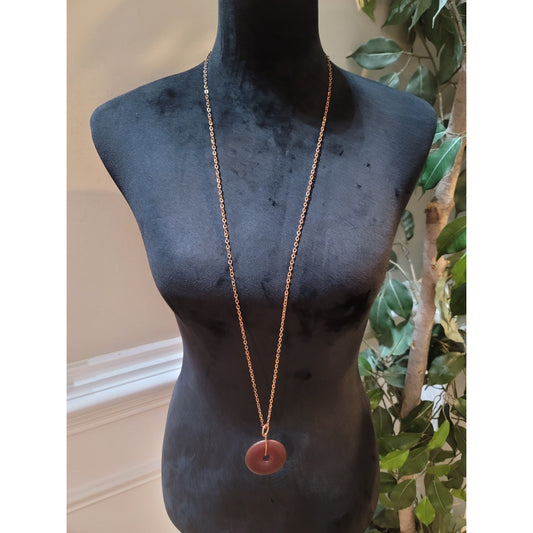 Women's Long Chain Necklace With Brown Donut Pendant And Lobster Clasp Lock