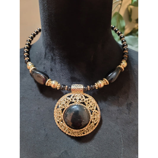 Womens Black Beaded Necklace With Large Gold Filigree Pendant By Sophia And Kate