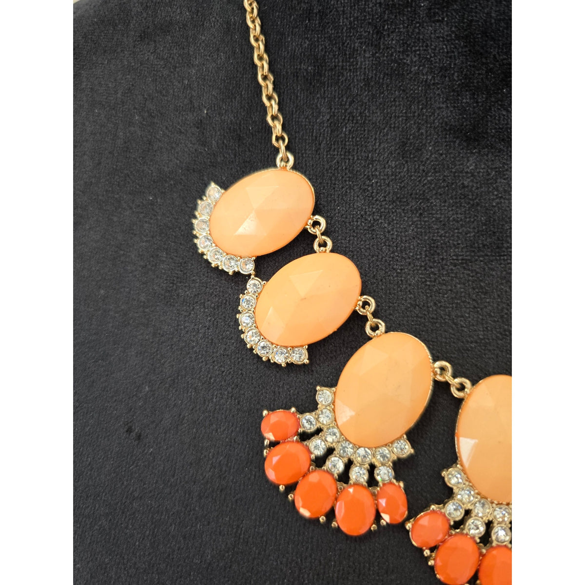 Orange Gold Tone Rhinestone Teardrop Bib Statement Necklace