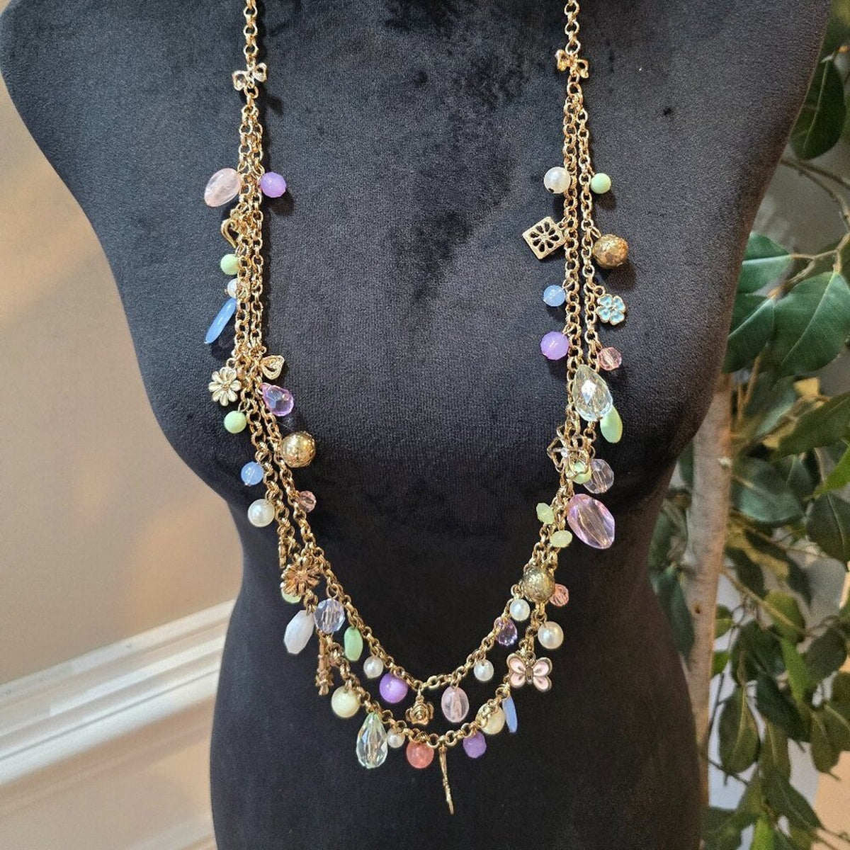 Womens Multicolor Multiple Beaded Charm 2 Layered Necklace with Lobster Clasp
