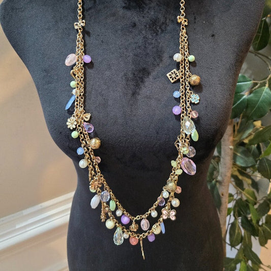 Womens Multicolor Multiple Beaded Charm 2 Layered Necklace with Lobster Clasp