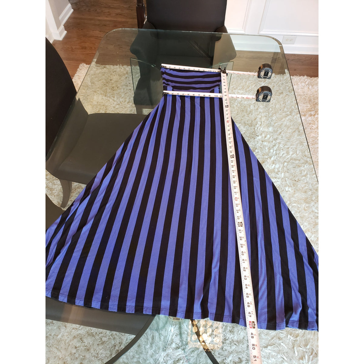 Women's Long Maxi Dress XS Black & Blue Stripped Tube Stretch Off The Shoulder