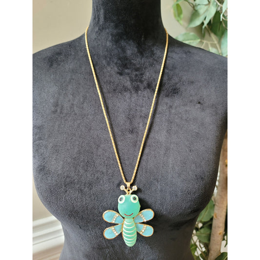 Betsey Johnson Gold Bee Pendant Necklace with Turquoise Wings and Crystal Accent