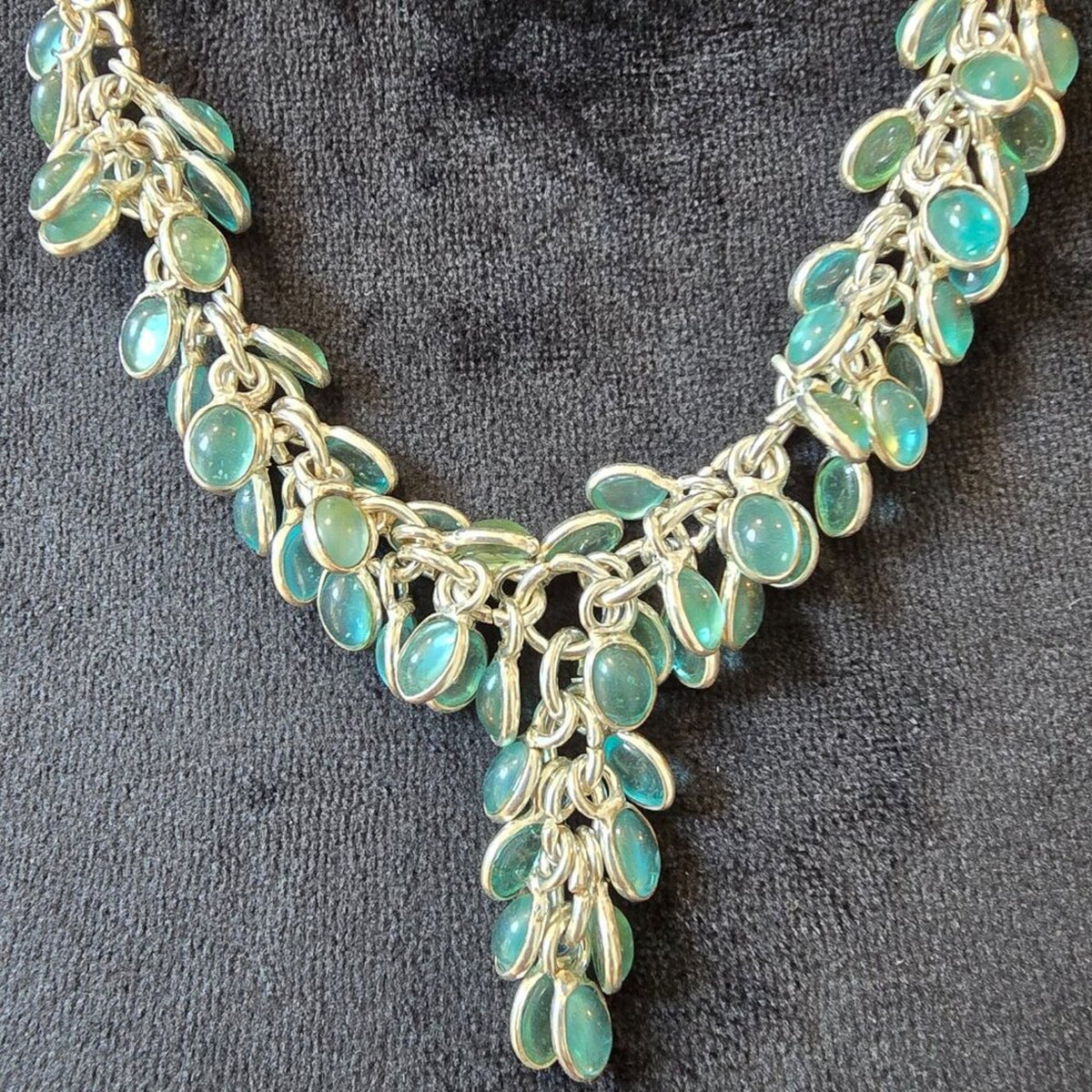 Womens Fashion Blue Triplets Opal Silver Tone Chain Necklace with Lobster Clasp