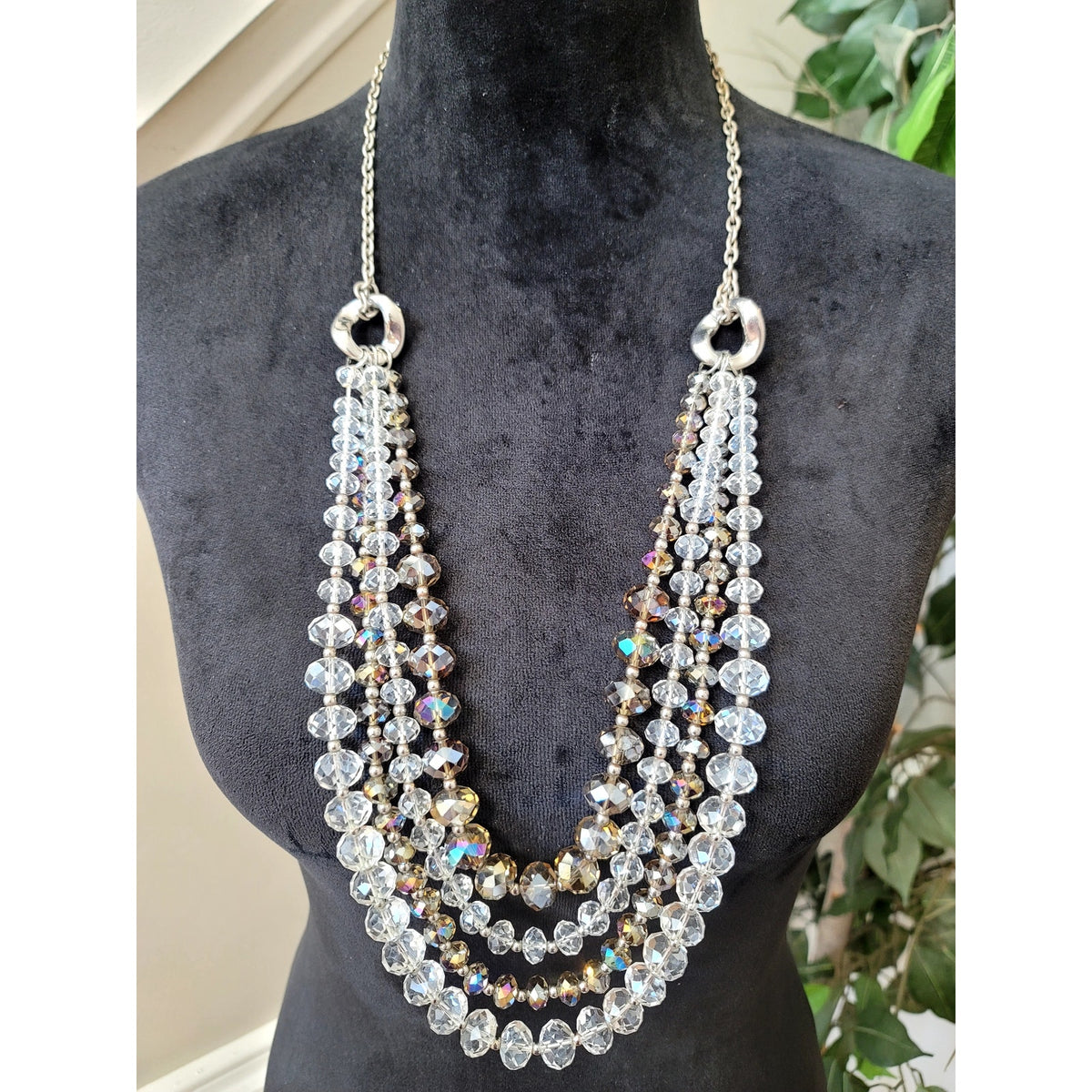 Clear AB Crystal Multi-Strand Statement Necklace Aurora Borealis Layered Bib