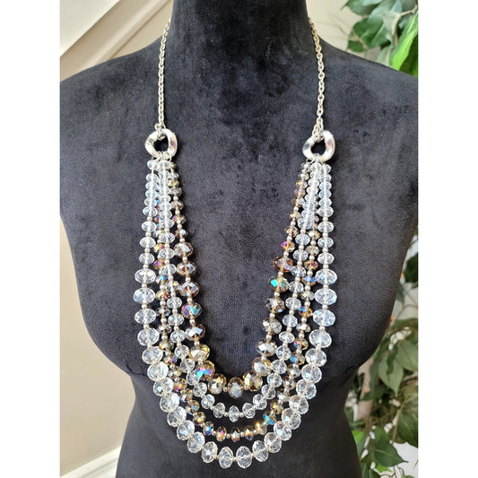 Clear AB Crystal Multi-Strand Statement Necklace Aurora Borealis Layered Bib