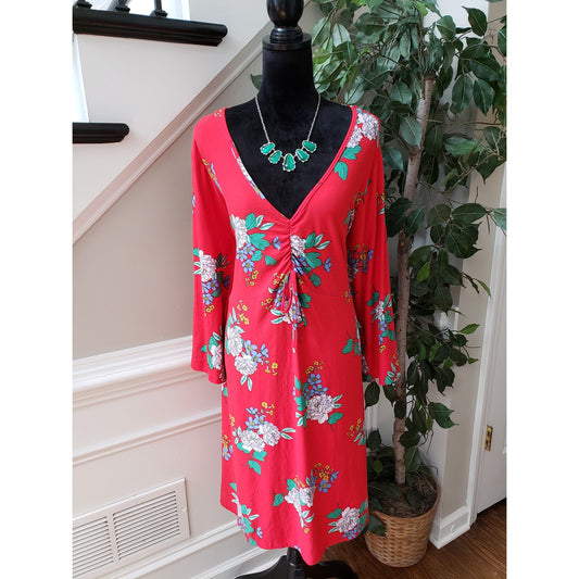 Bobbie Brooks Knee Length Dress Women 3X Red Floral Ruched Long Sleeve V Neck