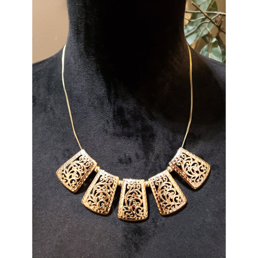 Womens Gold Tone Triple String Chains Filigree Cannetille Statement Necklace