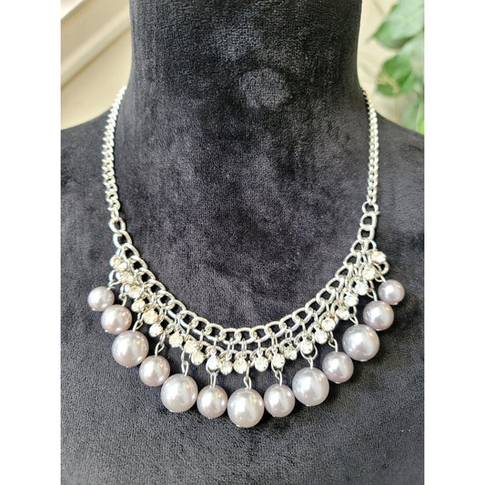 Women's Silver Tone Faux Pearl Rhinestone Bib Statement Necklace Choker Gift
