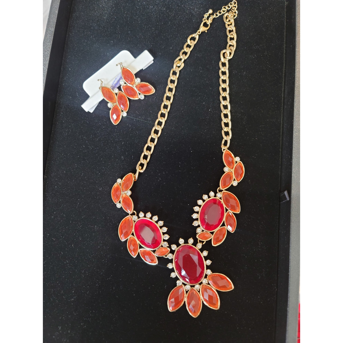 Women's Statement Necklace And Earrings Set Red And Orange Gemstones Jewelry