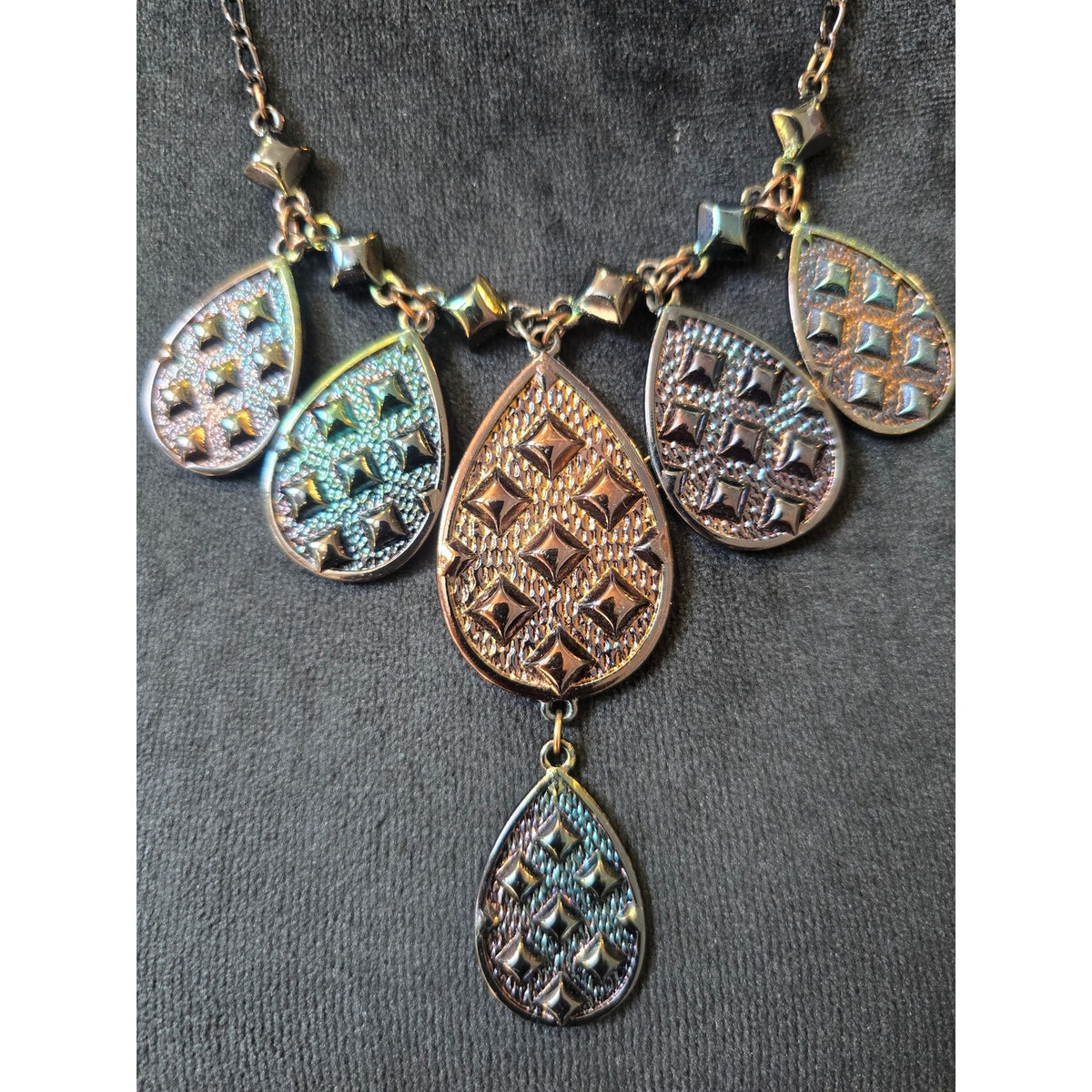 Antique Gold Tone Multicolor Teardrop Filigree Statement Necklace