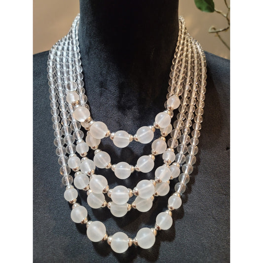 Women's Elegant Multi Strand Frosted Bead Necklace with Silver Accents