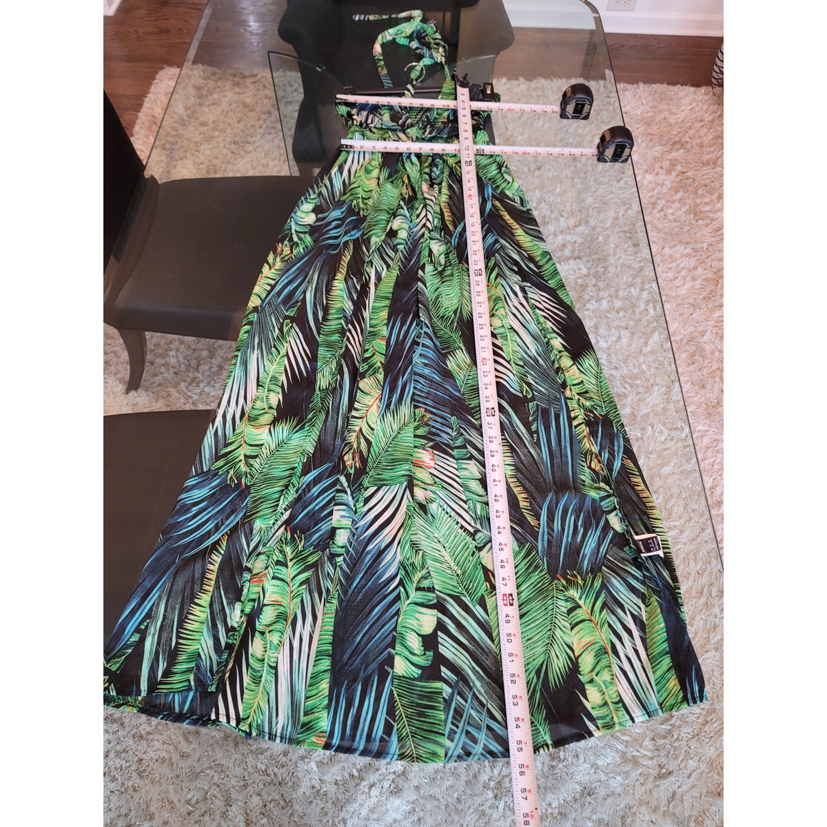 Shein Maxi Dress Women Small Green Black Tropical Halter Boho Summer Beachwear