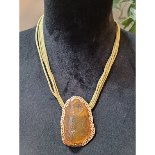 Amber Stone Pendant Necklace Gold Tone Multi Strand Cord Statement Jewelry Gifts