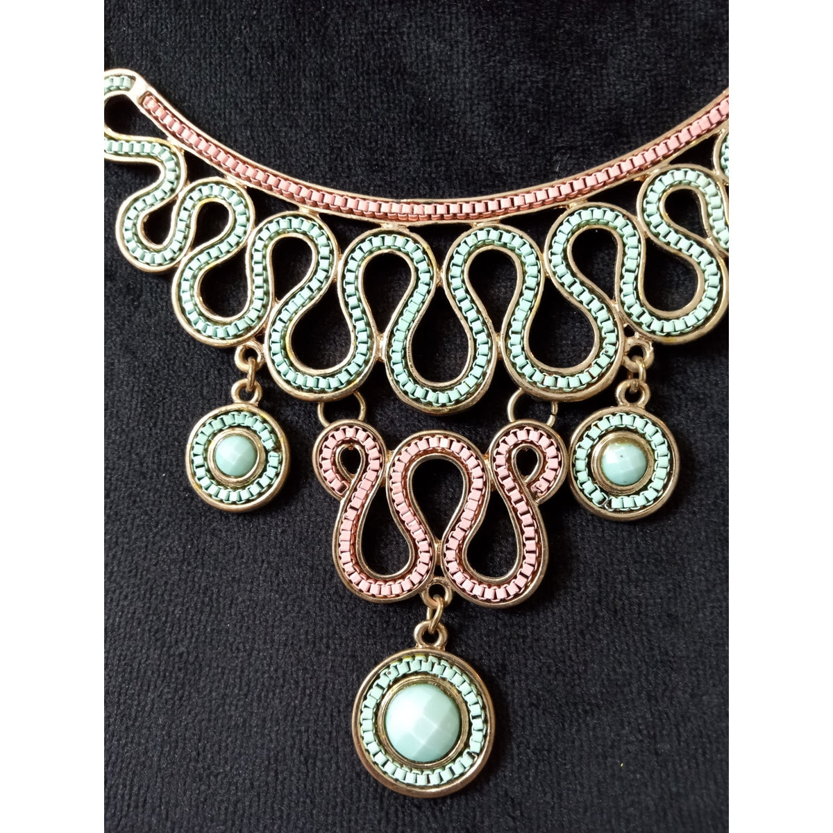 Vintage Gold Tone Scroll Statement Necklace Faux Pearl Dangle Victorian Style