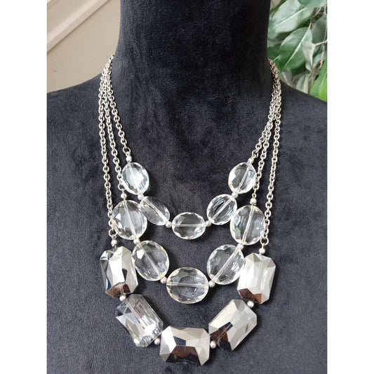 Silver Tone Clear Faceted Acrylic Bead Layered Statement Necklace Chunky Glam