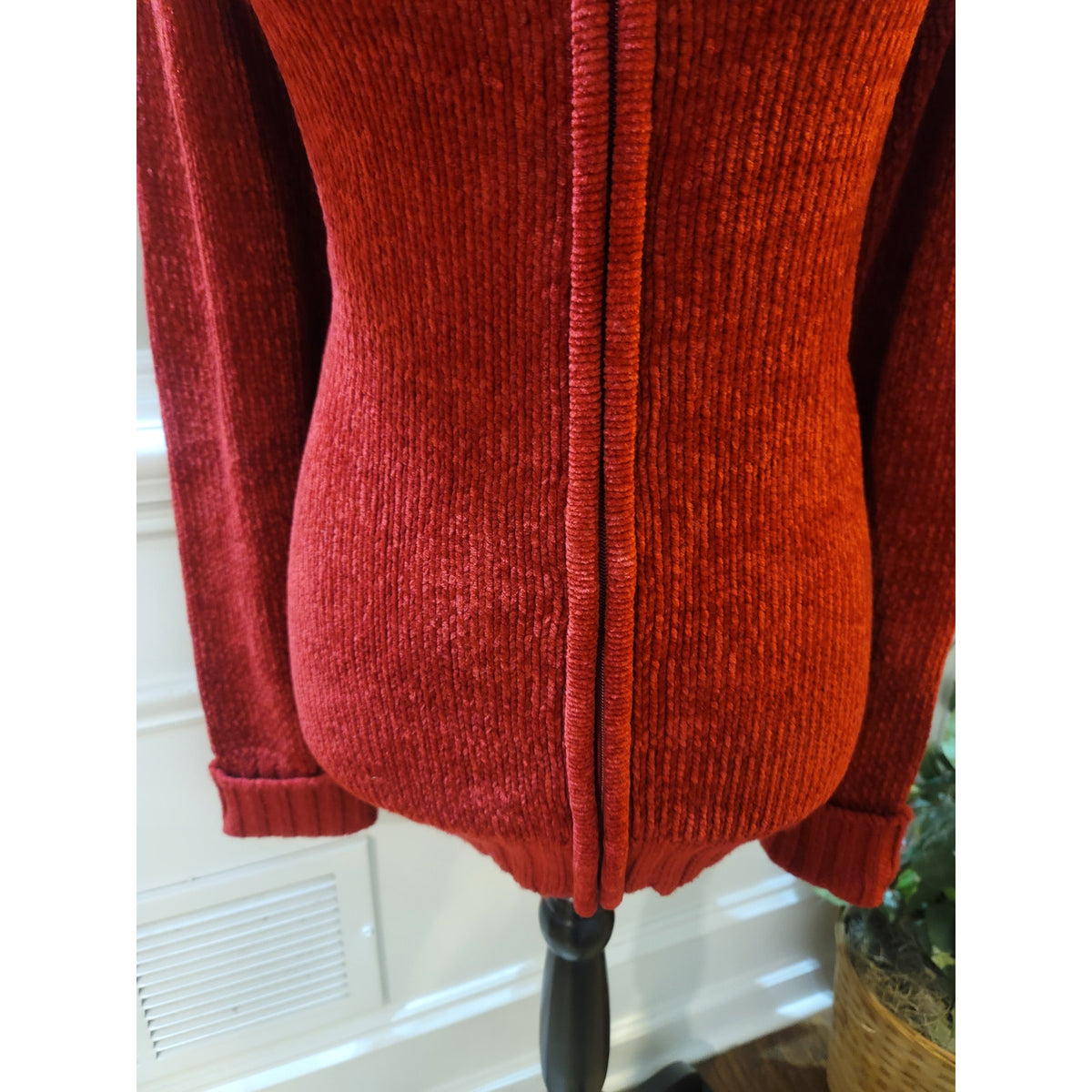 Carolyn Taylor Cardigan Sweater Women's Small Red Ribbed Collar Front Zipper