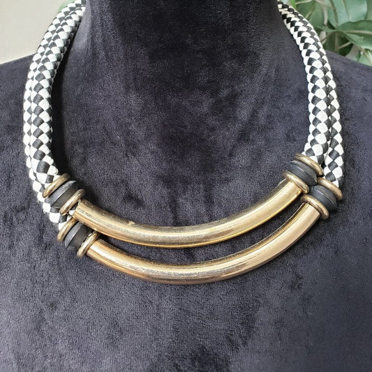 Womens White Black Leather Brass Two Layered Choker Necklace with Lobster Clasp