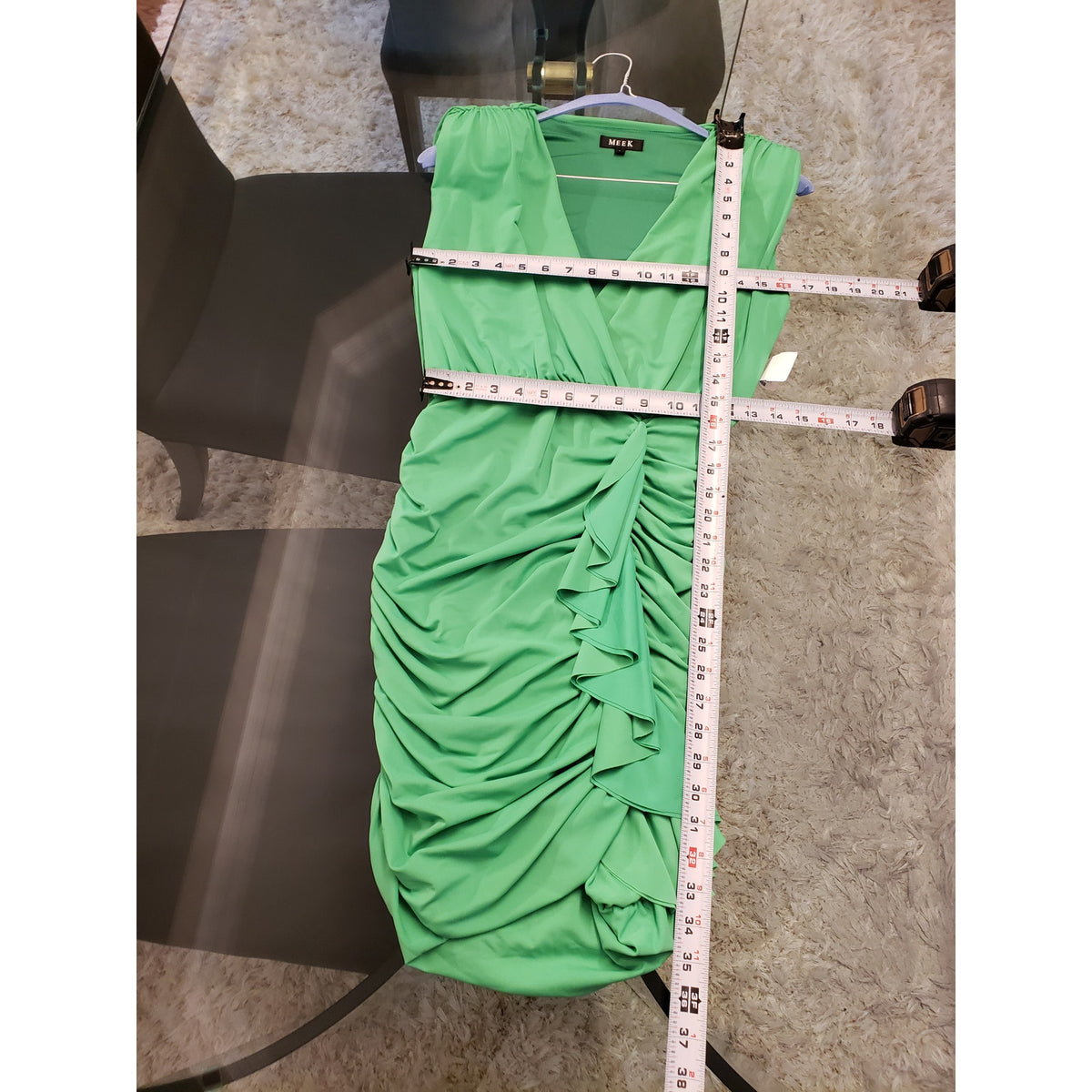 Meek Bodycon Dress Womens L Green Ruched Pleated Knee Length Sleeveless V Neck