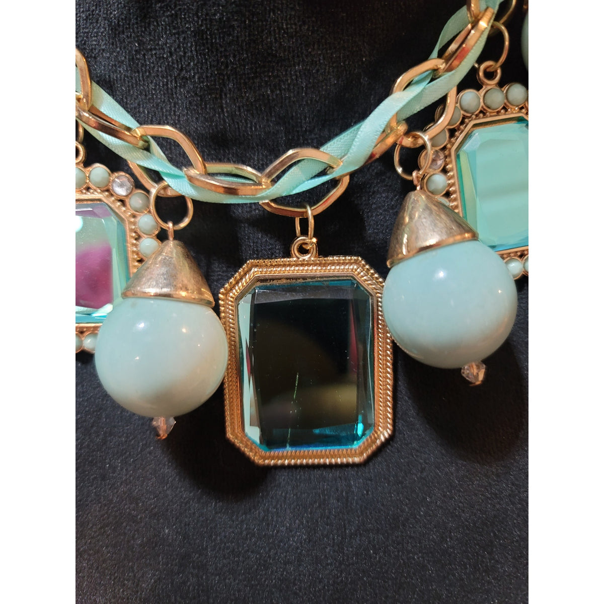 Women's Statement Chunky Bib Necklace With Blue Beads And Rectangular Gemstones