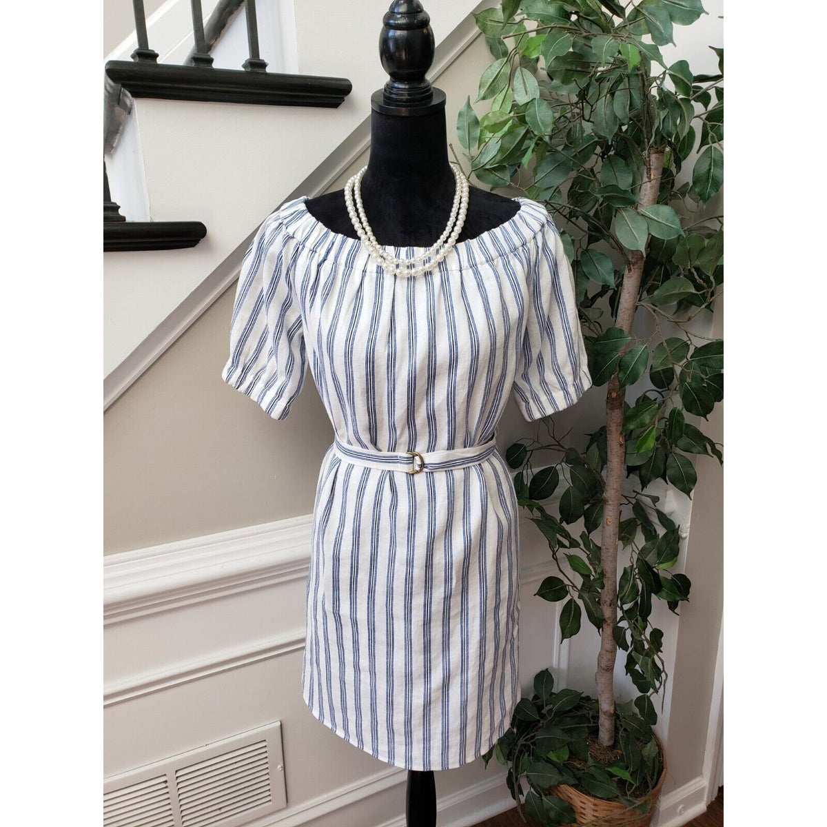 Michael Kors Women's White Striped Linen Off Shoulder Short Sleeve Mini Dress S